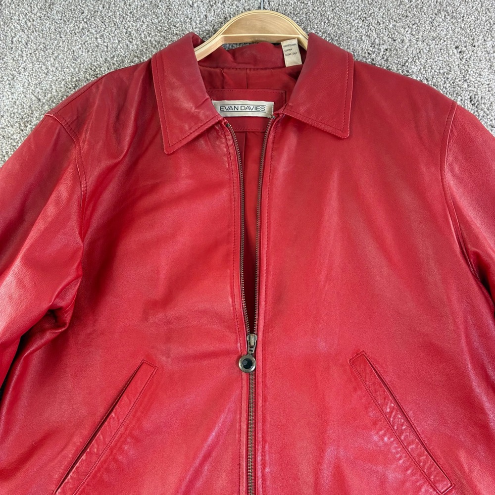 EVAN DAVIES Red Leather Jacket Womens 12 Zip Up Collared Blazer Style Retro‎ VTG